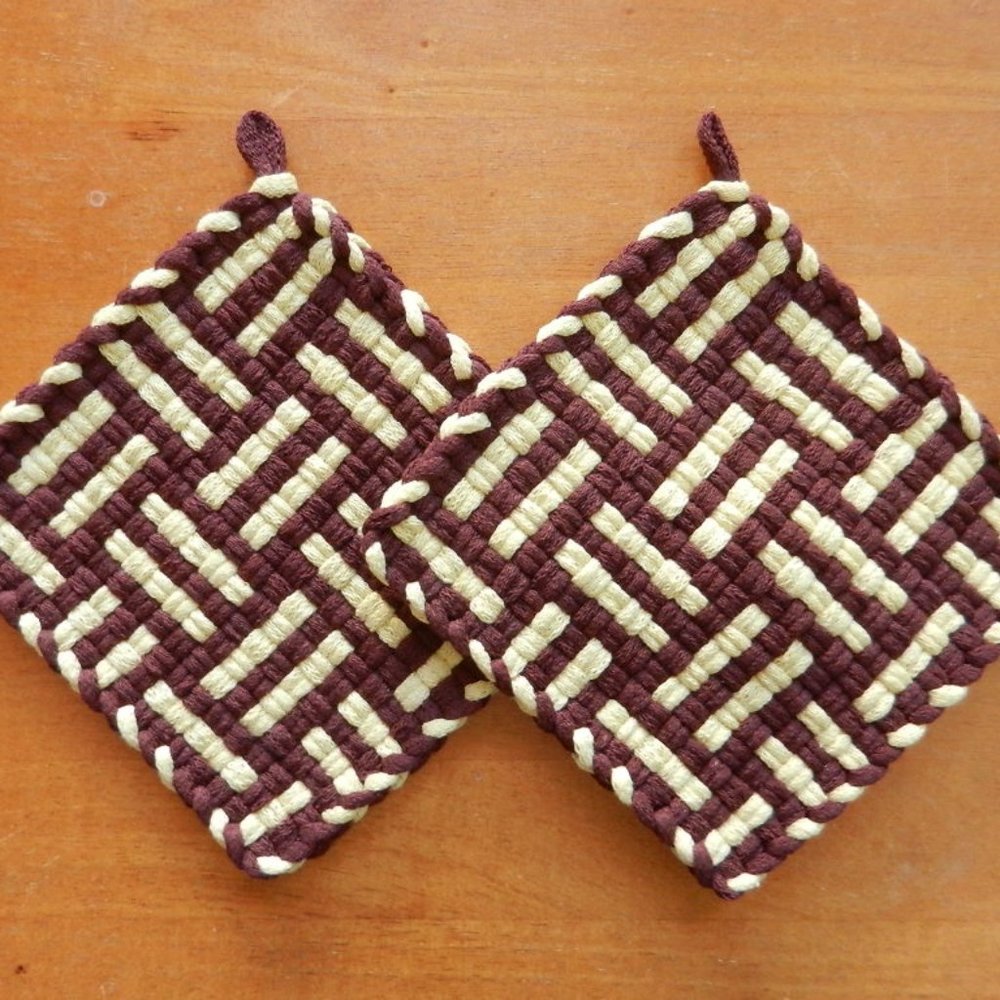 Set of 2 Handmade Artisan Woven Loomed Wine & Cheese Potholders Hot Pads Trivets